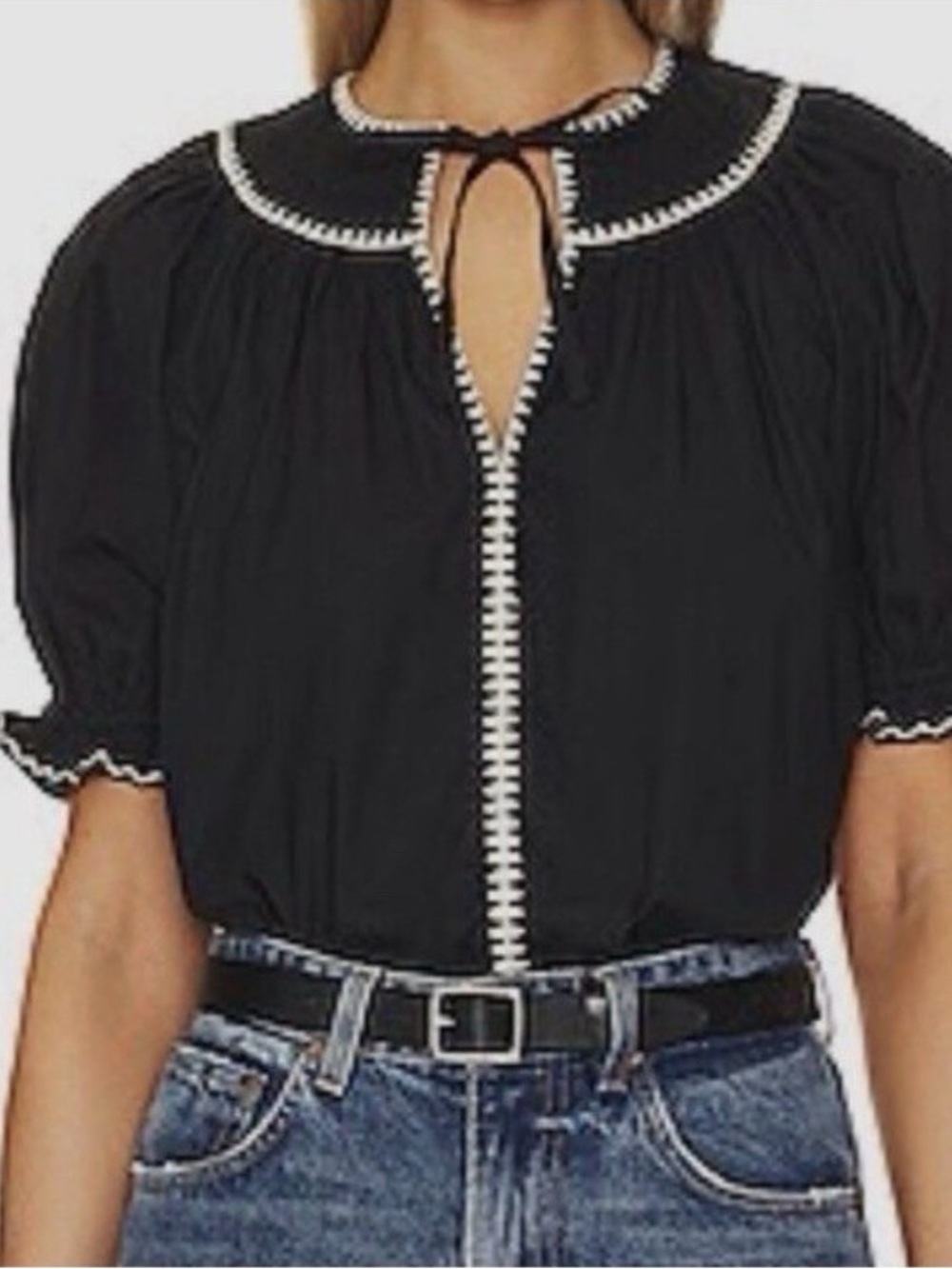 Ulla Johnson Ruby Top Black Scallop-Trim Puff Sleeve Top NWT